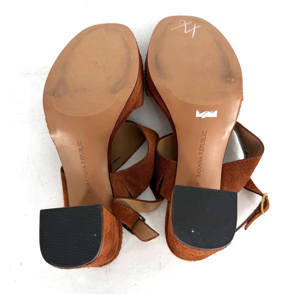 Banana Republic Cognac Brown Suede Block Heel Sandals Ankle Strap Women's 8 - Picture 6 of 10